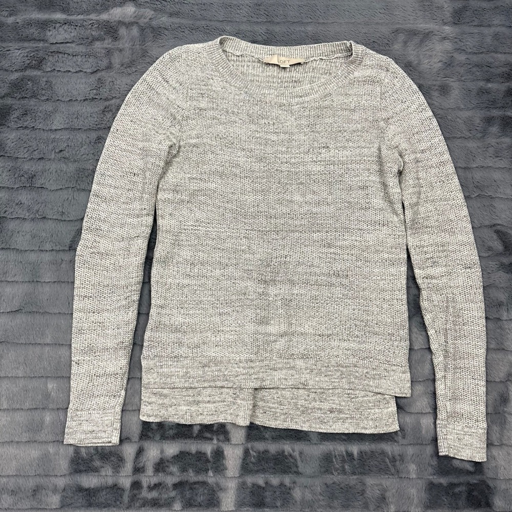 Ann Taylor LOFT Womens XS Grey Marl Cotton Knit High Low Side Slit Crew Sweater